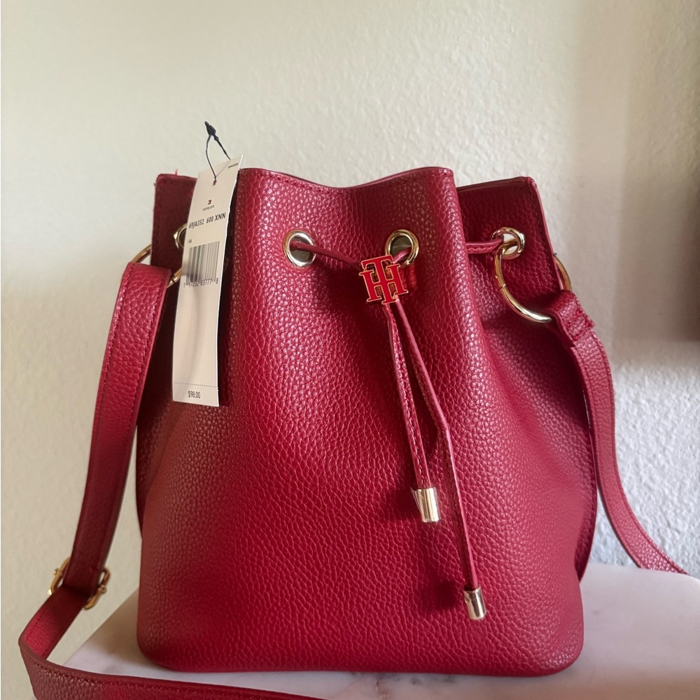 Tommy Hilfiger Red Pebbled Leather Drawstring Hobo